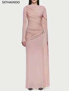 SXTHAENOO Slimming Spliced Folds Temperament Dresses Women Round Neck Long Sleeves Patchwork Ribbon Dress Female Clothing 2026 1