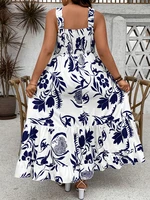 Plus Size 2025 Summer New Holiday Floral Halter Dress with Ruffle Hem and Gathered Bust Plus Size Dress Polyester - Image 3