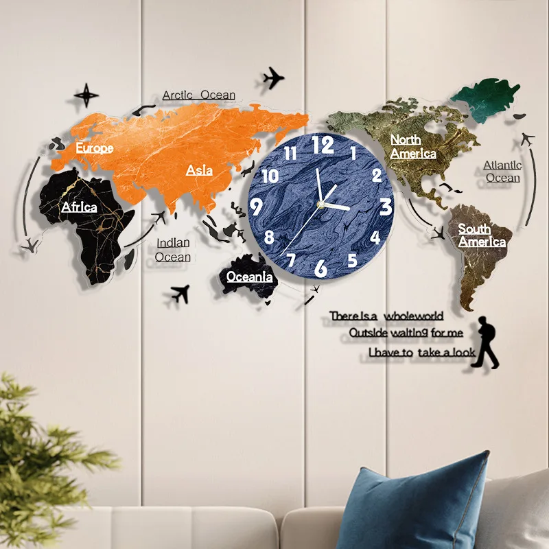 A 3D world map wall clock hanging on a living room wall.
