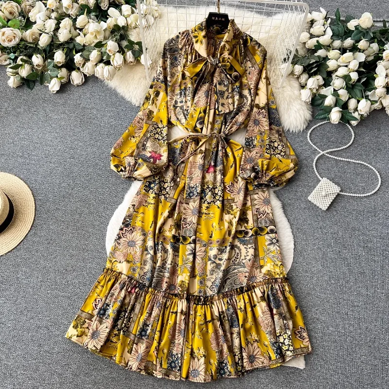 

Butterfly Collar Puff Sleeve Robe Femme Y2k Vintage French Court Style High Grade Vestido Bandage Slim Flower Print Party Dresse
