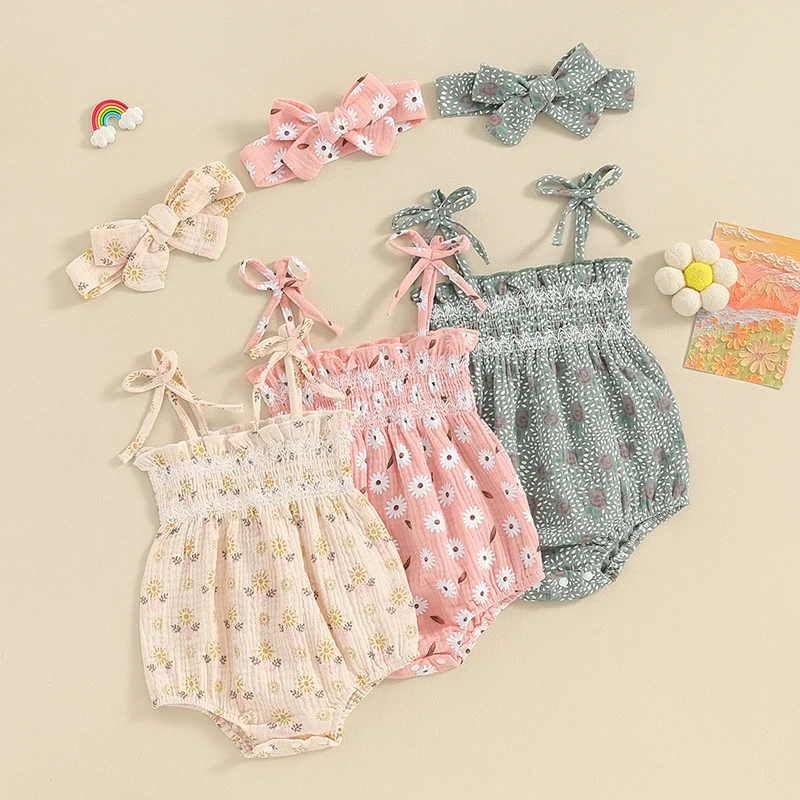 

Летняя одежда для малышей, детский хлопковый комбинезон без рукавов с цветочным принтом и повязкой на голову