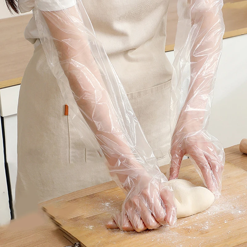 10pcs/bag Disposable Arm Guard Gloves Kitchen Household Cleaning Waterproof Elastic Drawstring Lengthened PE Long-Arm Gloves