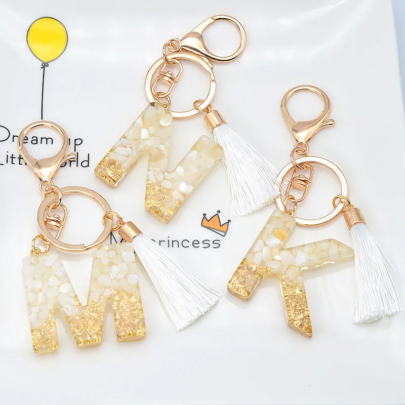 

White Tassel Gold Color Foil Letter Keychain English Words Keyring Glitter Gradient Resin Crafts Gold Leaf Car Handbag Pendant
