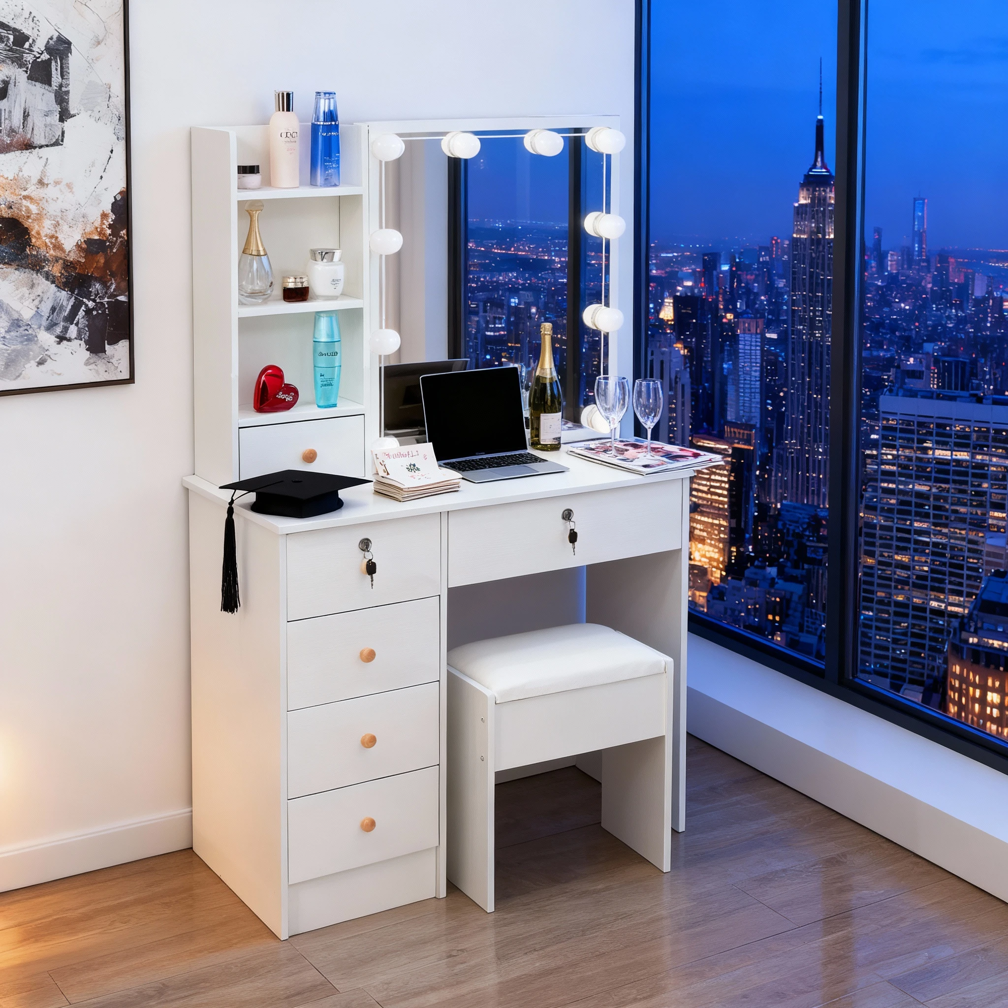 Coiffeuse blanche avec miroir coulissant, bureau de maquillage, ensemble de vanité, tabouret, 10 lumières led