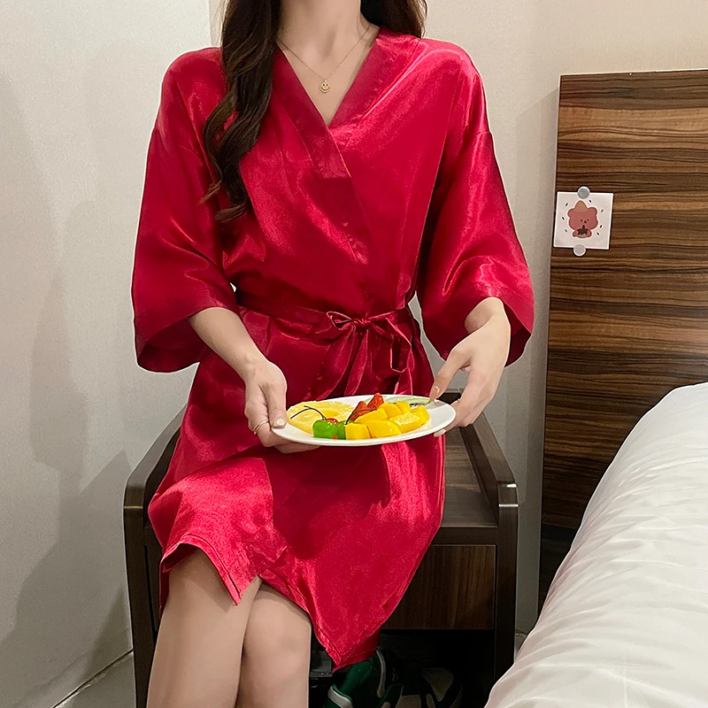 Female Bathrobe Sexy Peignoir Femme Silk Kimono Bride Dressing Gown Fashion Satin Robe Sleepwear Night Grow For Women Plus Size