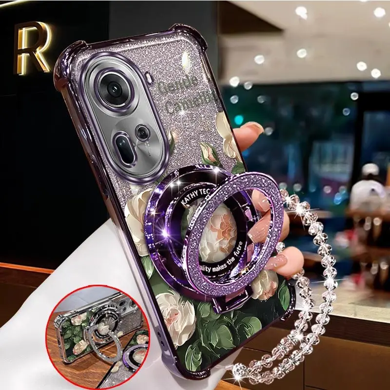 Elegant Pink Flowers Phone Case with Plating Stand and Lanyard