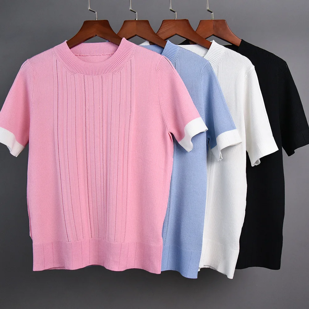 

2023 Spring Summer Fashion Women's Sweet O-neck Knitted T-shirt Tee Tops C828