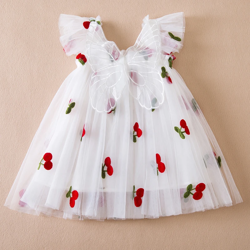 Girls Dress Summer Little Flying Sleeve Bow Strawberry Embroidery Mesh Princess Dress for 1-5Yrs