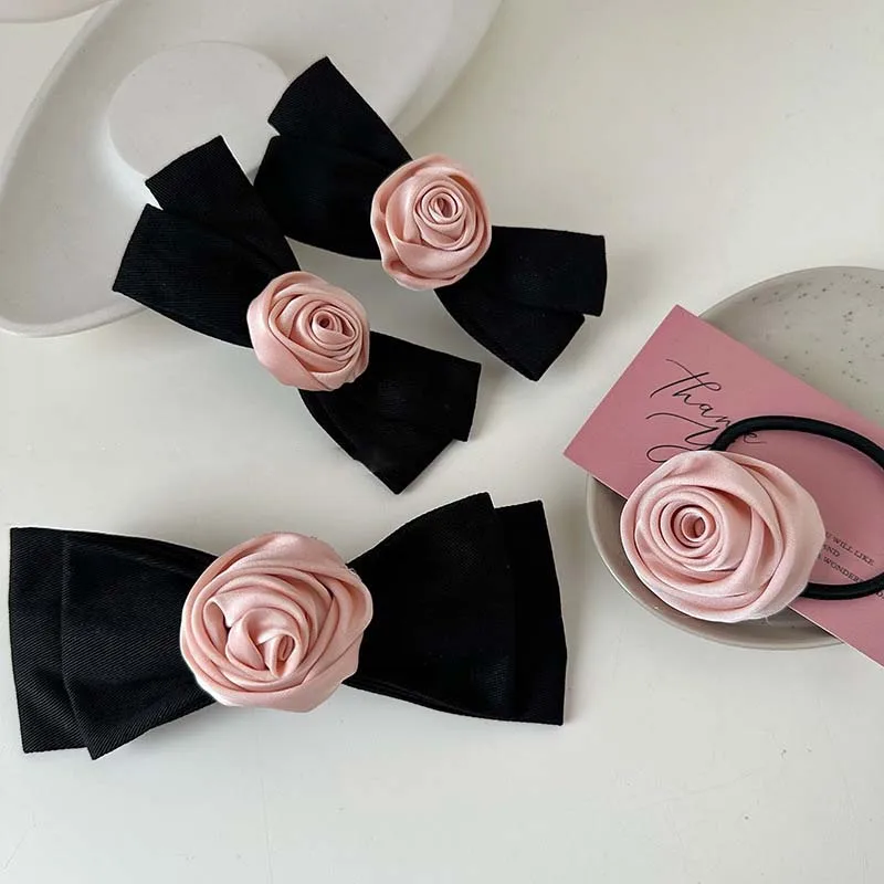 Korean Pink Rose Bow Hair Clip for Women Vintage Elegant Solid