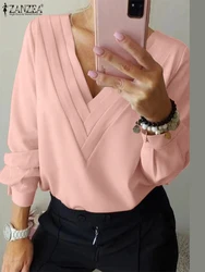 ZANZEA Vintage Chic Pleating Tunics Elegant V-Neck Chiffon Blouse Women Office Long Sleeve Shirt 2024 Spring Fashion Solid Tops