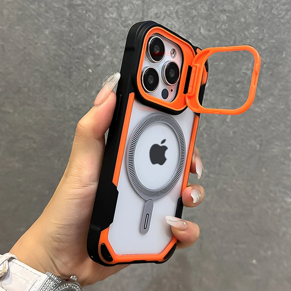 Luxury Contrast Color Armour Magnetic Phone Case For iPhone 17 16 15 14 13 12 Pro Max 11 Folding Lens Holder For Magsafe Cover 3