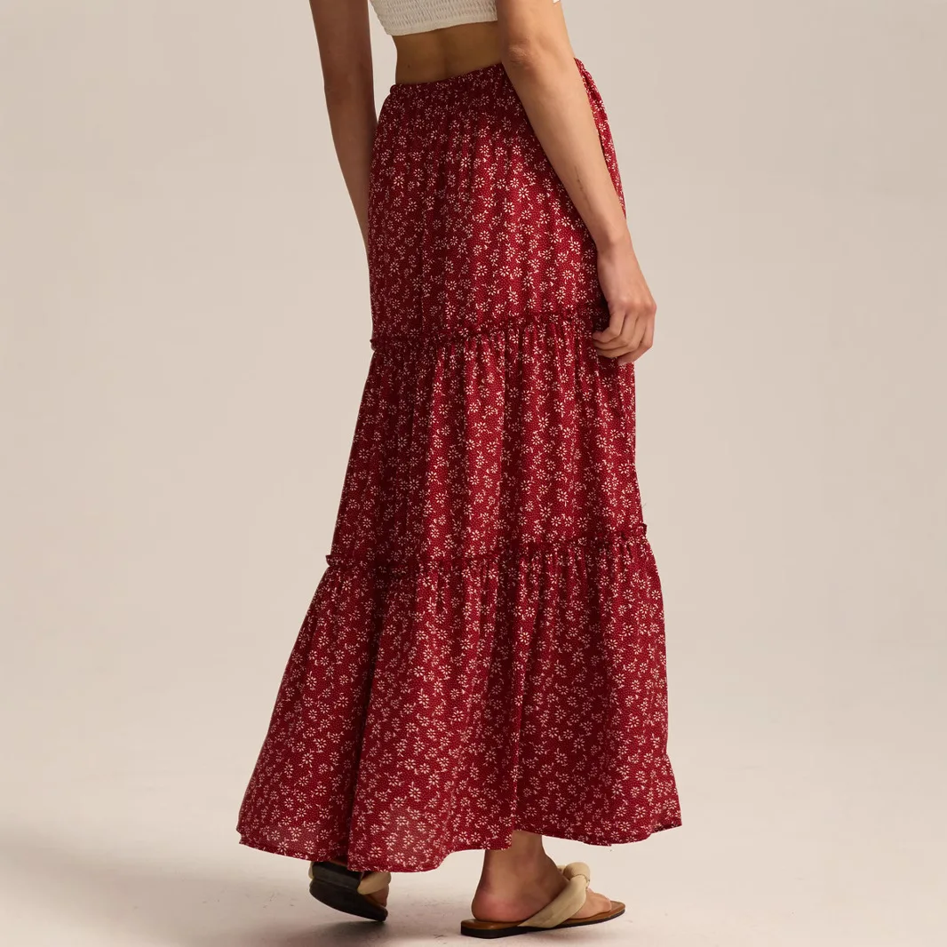 Floral Print Long Skirt for Women Summer High Waist Elastic