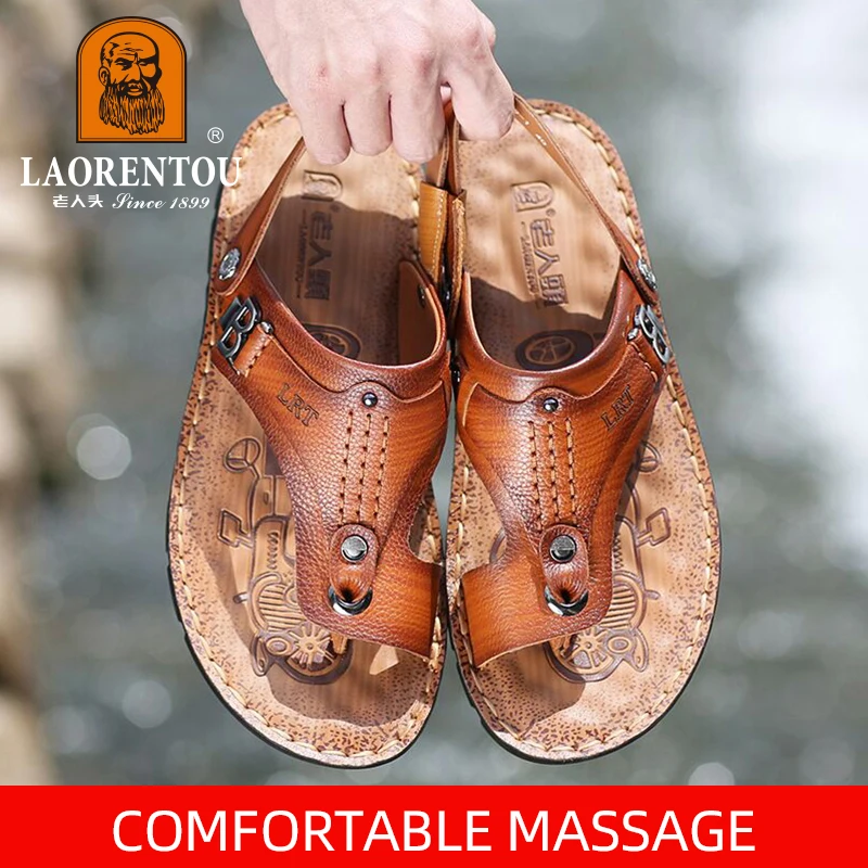 Men's Leather Sandals Outdoor Leisure Flip Flops with Soft Soles and Anti slip