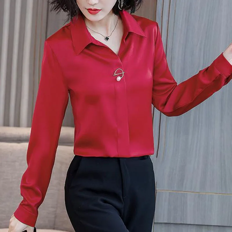 Commuter Office Lady All-match Solid Color Blouse Fashion Spring New Women's Long Sleeve Button Korean Turn-down Collar Shirt