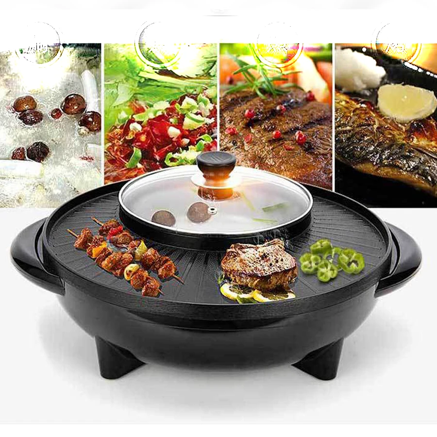 220V Electric Barbecue Grill Machine 2 In 1 Hotpot Non-stick Household  Multi Cooker Pan Hot Pot Two Flaver Hot Pot