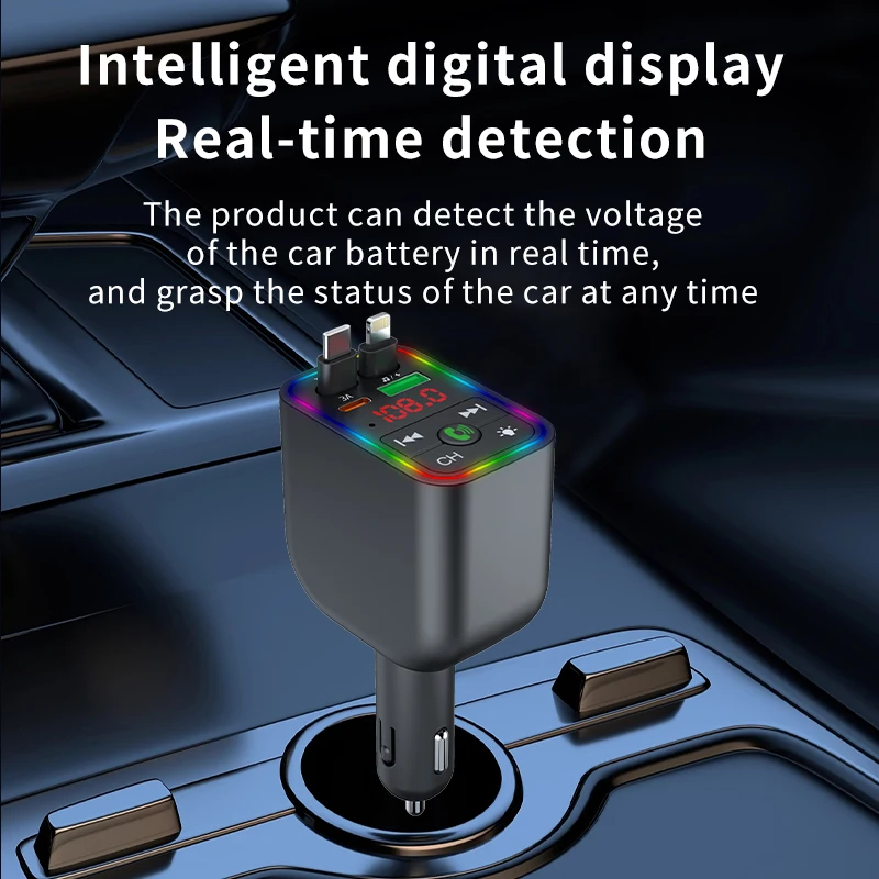 Wireless In-car MP3 Player with 2 Retractable Cables Fast Charger 7-Colors Led Music Player Hands Free Call Car Charger Adapter
