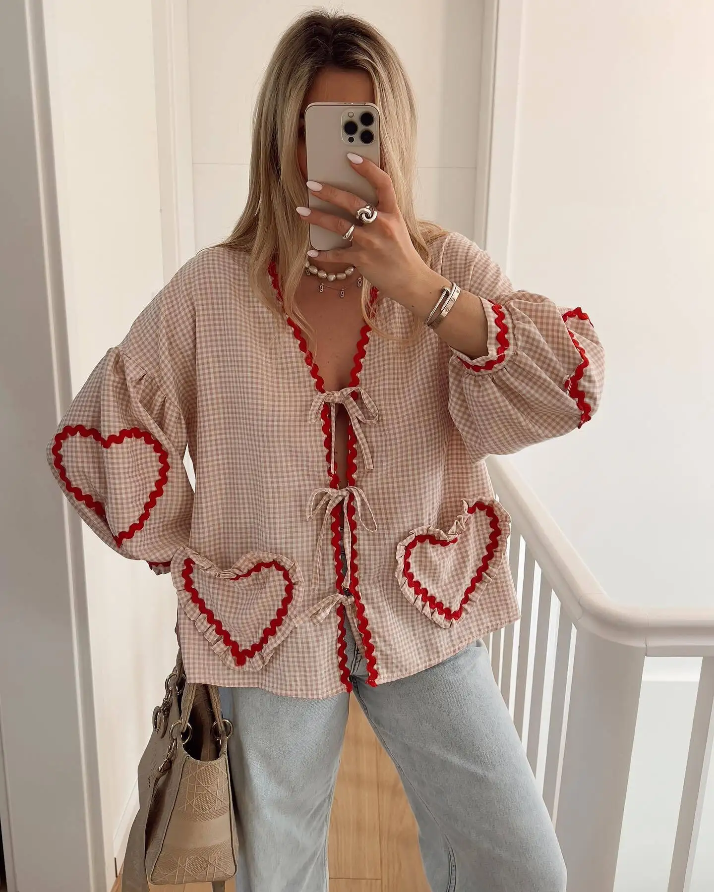 Vintage Women Loose Heart Pockets Shirts 2024 Fashion Ladies Casual V Neck Bow Buttons Blouses for Female Chic Tops Clothes
