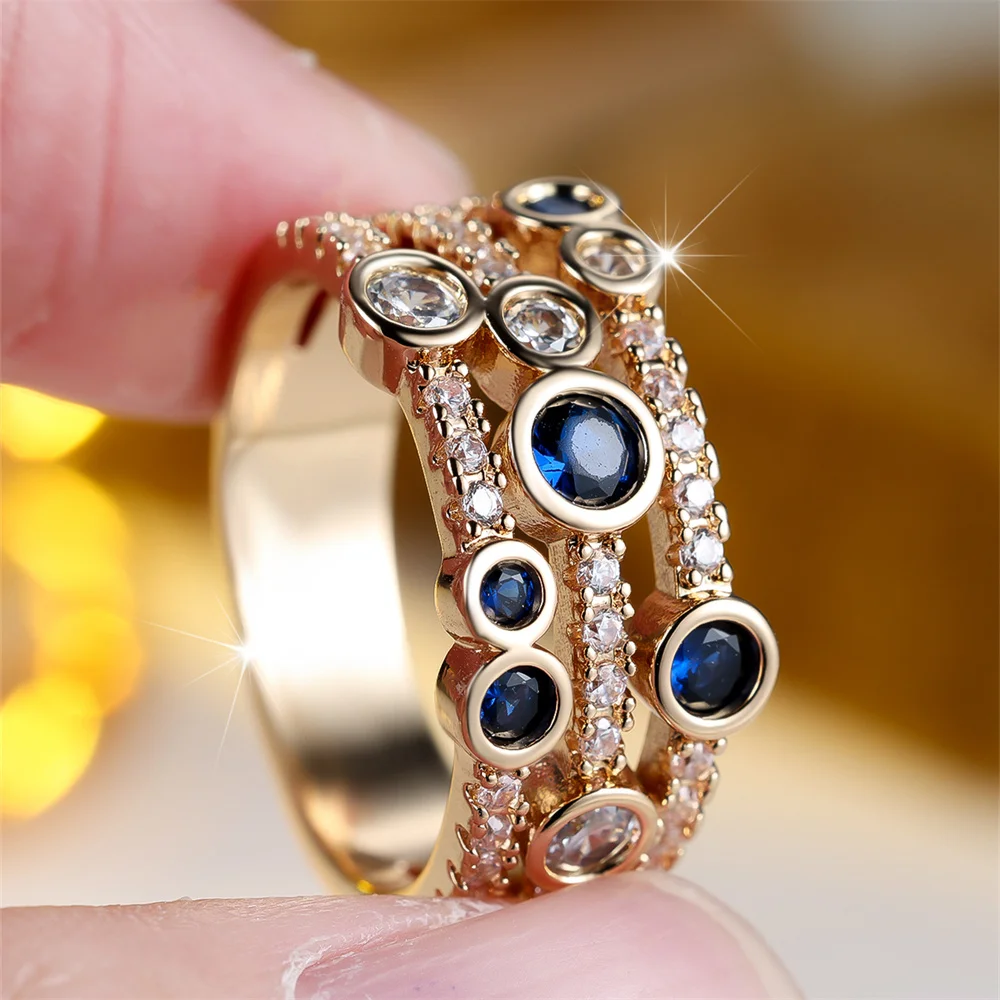Blue Crystal Round Stone Three Layers Rings For Women Vintage Gold Color Engagement Ring Wedding Jewelry Bridal Versatile Gifts