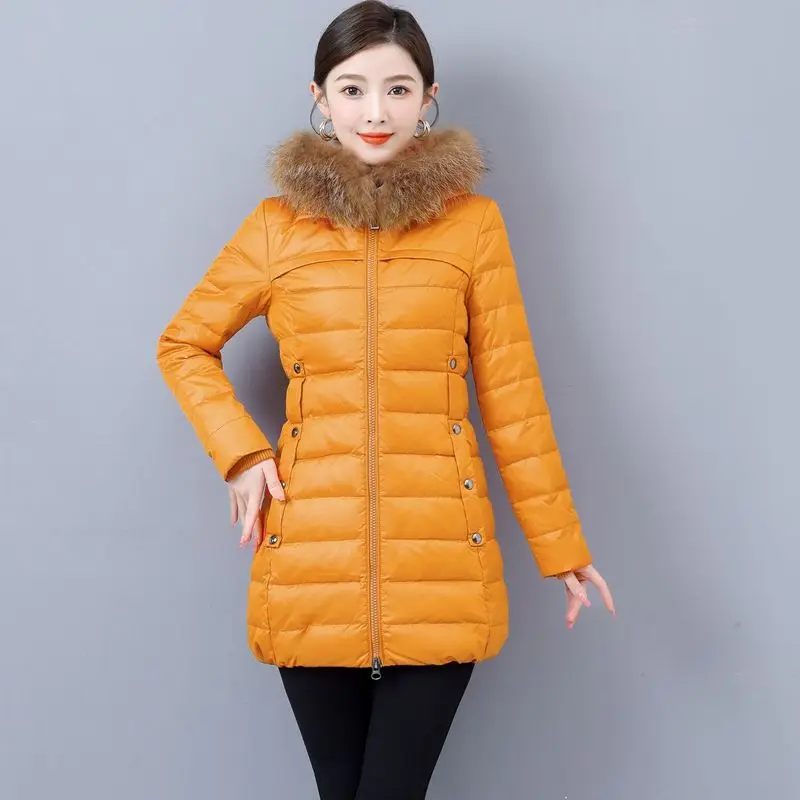 2023 New Women Down Jacket Winter Coat Female Mid Length Version Parkas Slim Fit Thick Warm Outwear Hooded Fur Collar Overcoat