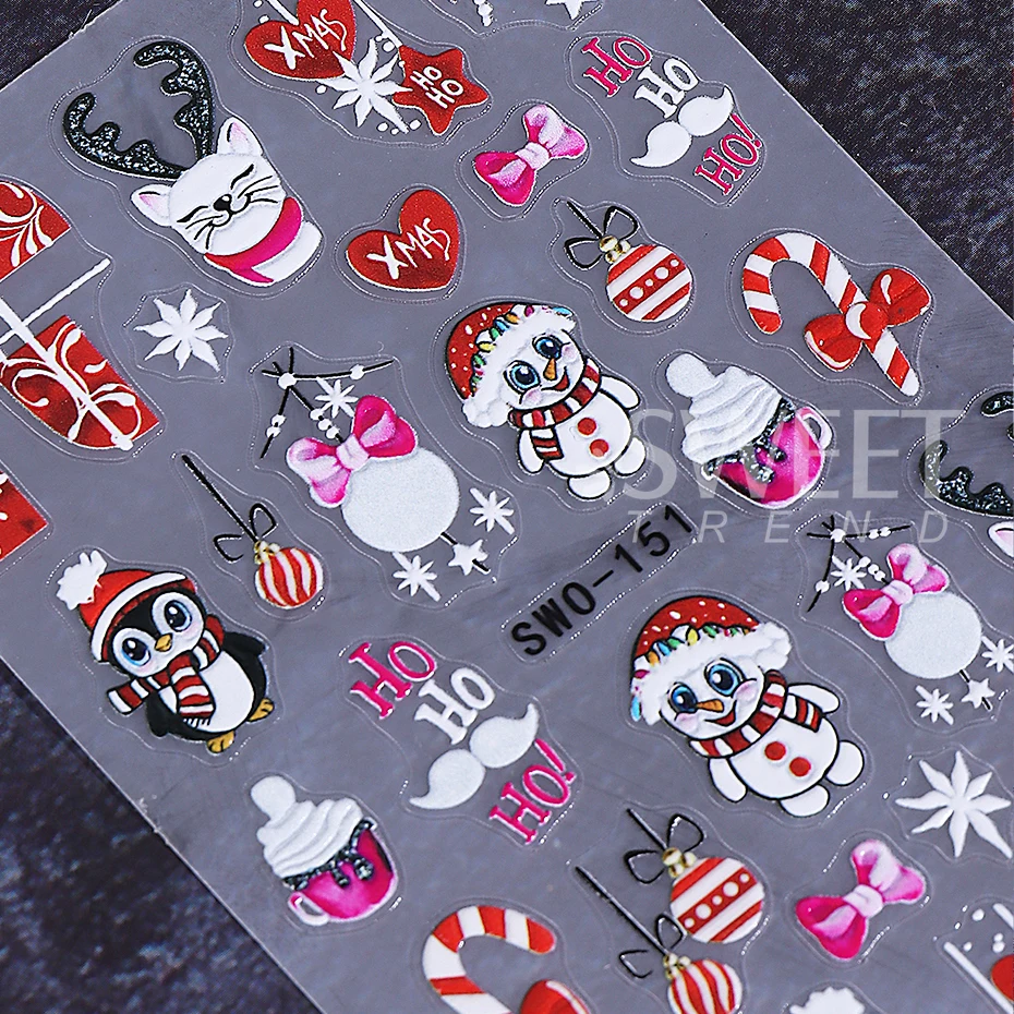 2pcs Embossed Christmas Nail Stickers 3D Cute Penguin Elk Snowflake Holly Nail Decals New Year Manicure Decoration Nail Supplies