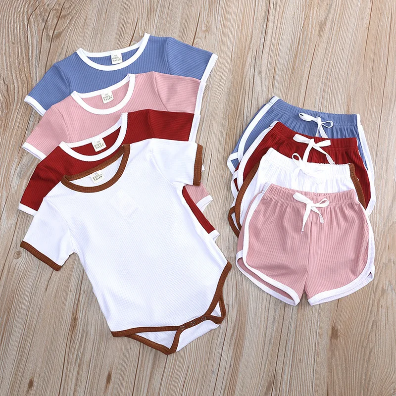 

Summer Toddler and Baby Girls' 2-Piece Bodysuit and Shorts Pant Set Drawstring Elastic Waist For Newborn 3-24 Months