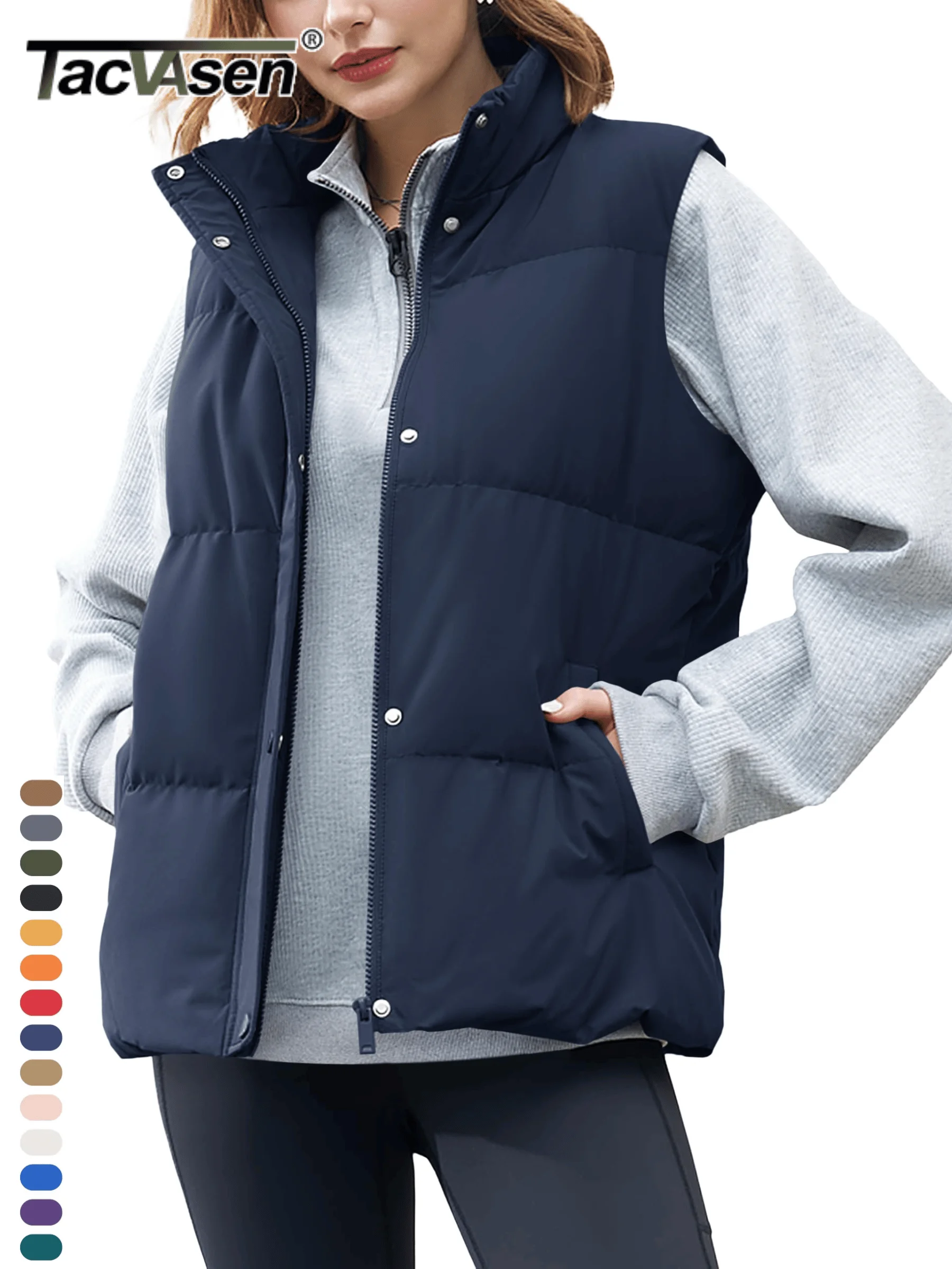 TACVASEN Duck Down Puffer Vest Womens Winter Padded Sleeveless Stand Collar Jackets Lightweight Warm Outwear Waistcoat 2 Pockets