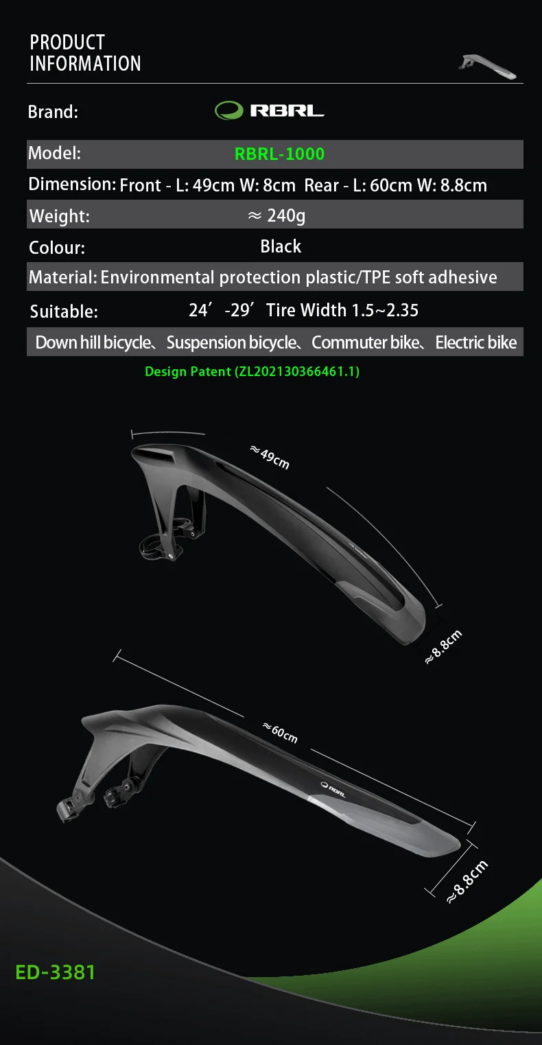 RBRL Bicycle Fender Wings for Bicycle 29 Mud Flaps for Bicycle Mountain Bike Fender Quick Release 24 to 29 Inch MTB Accessories