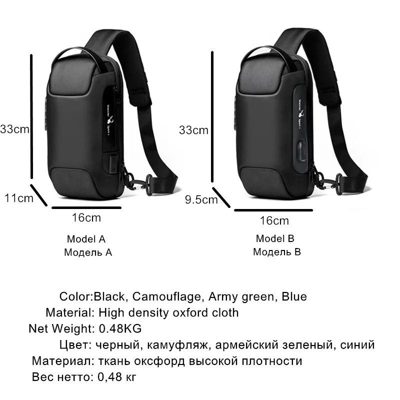 OYIXINGER Men's Waterproof Oxford Shoulder Bag Anti-theft USB Sling Bag New Multifunction Travel Messenger Chest Pack For Male