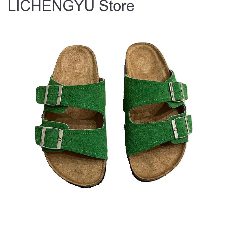 New Summer Women Cork Slipper Casual Beach Double Buckle Non-slip Outside Slip on Slides Shoe