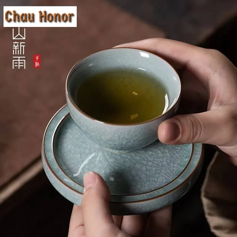 Handmade Longquan Celadon Teacup Elegant Ice Flower Ceramic Master Cup with Holder Set Personal Tea Bowl Jianzhan Teaware Gifts