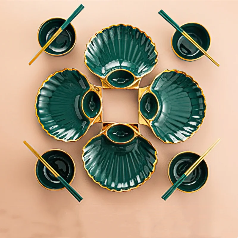 

Green Gold Rim Ceramic Dinner Plate Shell Breakfast Snack Dumpling Dishes Food Salad Noodle Bowl Soup Chopsticks Tableware Set