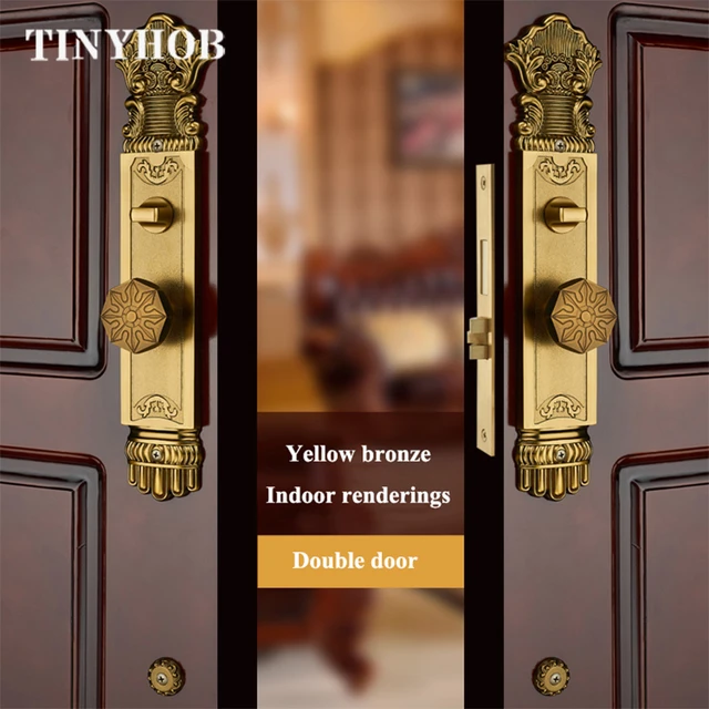 Poignée de porte d'entrée en bronze jaune, ensemble de serrures à double  porte, quincaillerie de porte de sécurité, entrée de villa, hôtel,  restaurant, salle de conférence - AliExpress