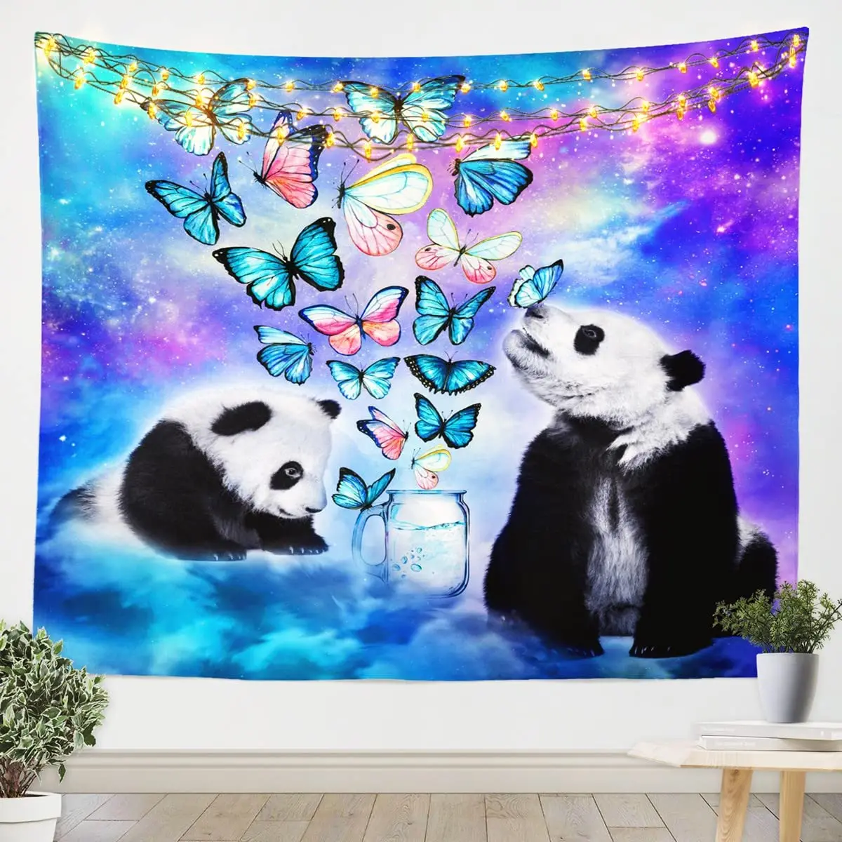 

Cute Panda Tapestry Wall Hanging Cartoon Panda Bear Wall Blanket Galaxy Butterflies Print Tapestry Lovely Animals Wall Art Decor