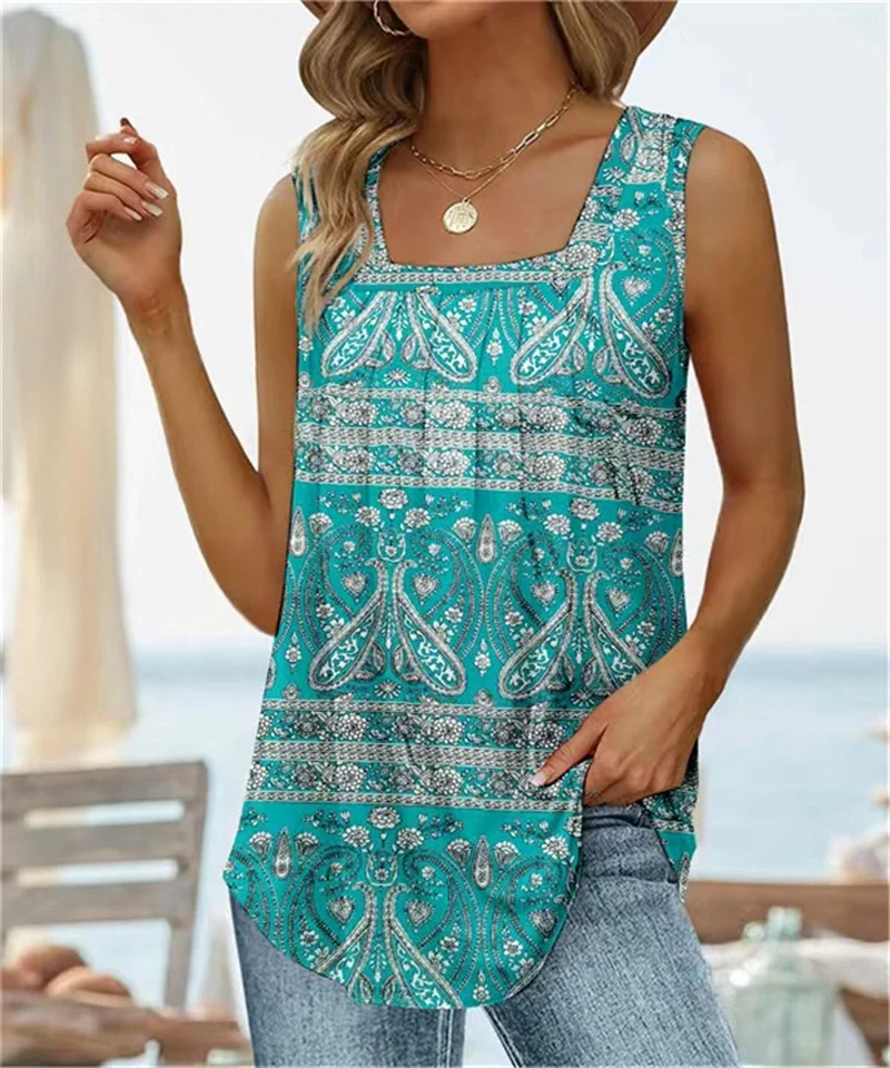 

Elegant Print Sleeveless Square Neck T-Shirt 2023 Women's Summer Daily Commuter Casual Basic Tops Female Loose Tees Pleated Vest
