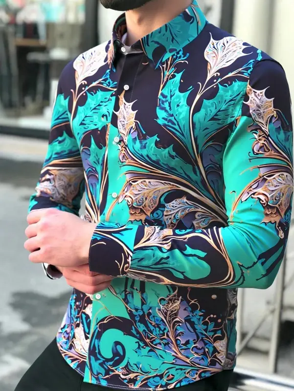 Men's Long Sleeved Floral Shirt Outdoor Fashionable Luxury Social Business Lapel Single Breasted Top - Image 6