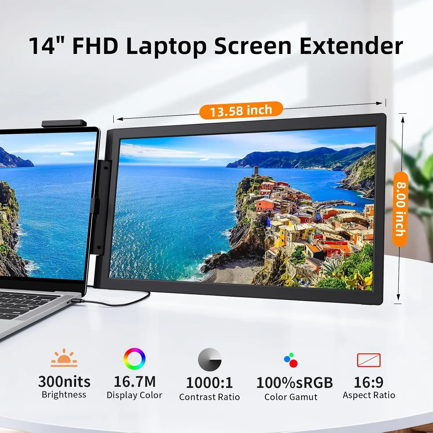 14인치 1920 x 1080P FHD 우측 확장형 휴대용 모니터 16:9 USB-C 3.2 IPS LCD 외장 모니터 (14-16.5인치 노트북용)