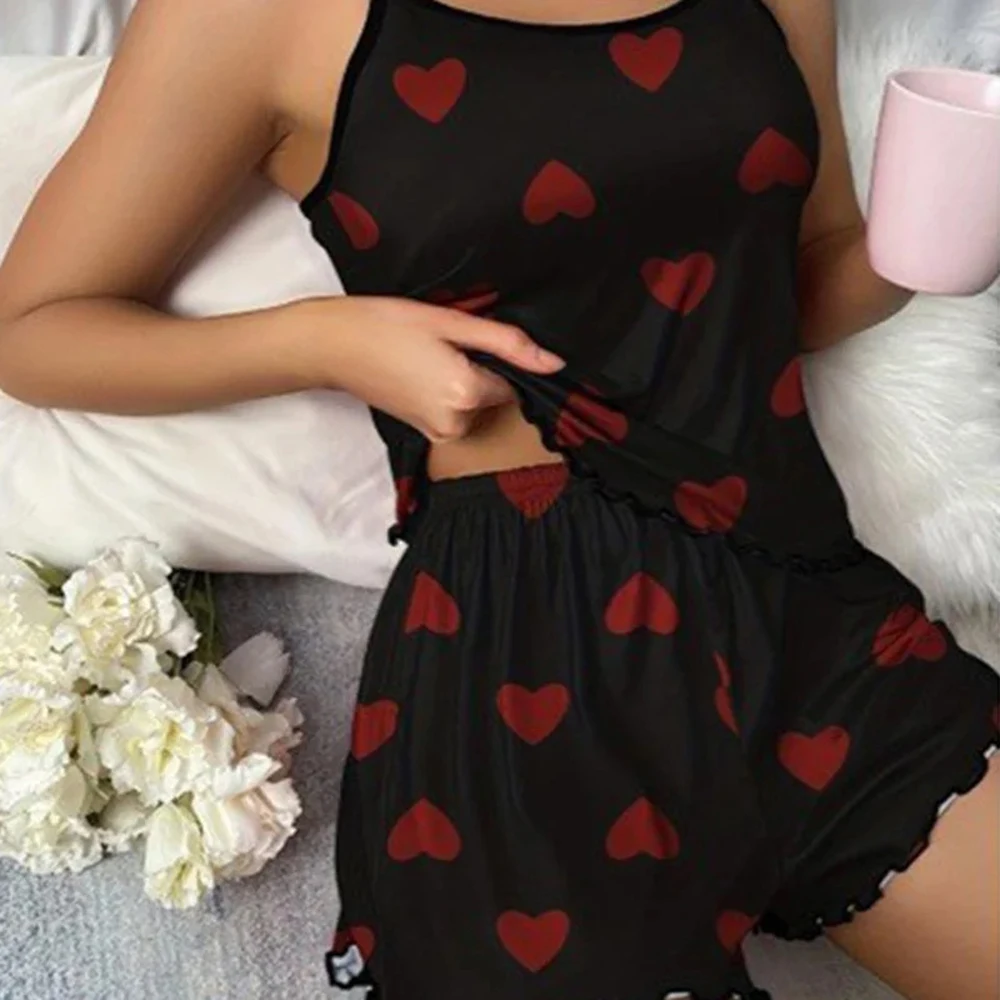 Heart Printing Soft Ribbed Fabric Ventilate Soft Trim Casual Top and Shorts Loungewear - Image 5