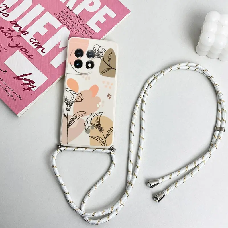 Elegant Artistic Line Flowers Crossbody Lanyard Silicone Phone Case