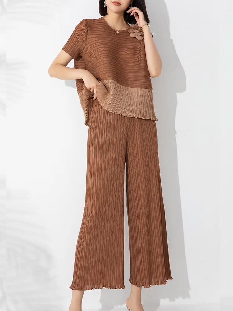 Miyake Pleated Fashion Set Two-Piece Women 2023 Summer New Contrast Color Pullover Top High Waist Tight Edge Straight-Leg Pants