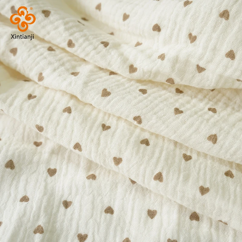 135x50cm Soft Khaki Heart Print Double Crepe Gauze Fabric 100% Cotton Fabric DIY Sewing Clothing Kids Breathable Texture