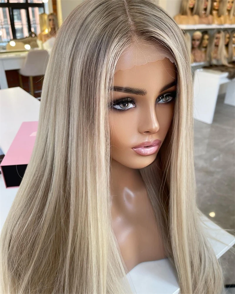 Side Parting Synthetic Lace Front Wig Pre plucked Natural Hairline Mixed with Human Hair Wigs Ash Blonbe Highlights Straight Wig