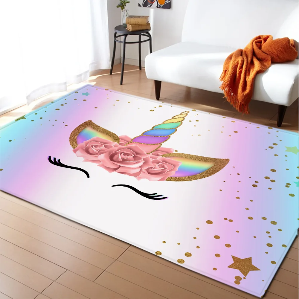 

Lovely Unicorn Living Room Area Rug Cartoon Unicorns Girls Bedroom Carpet Cute Flower Unicorn Kids Play Mat Home Bathroom Mats