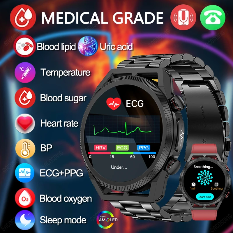 

ECG+PPG Uric Acid Lipid Smart Watch Men Blood Glucose Blood Oxygen SOS Bluetooth Call Voice Assistant Smartwatch For Android IOS