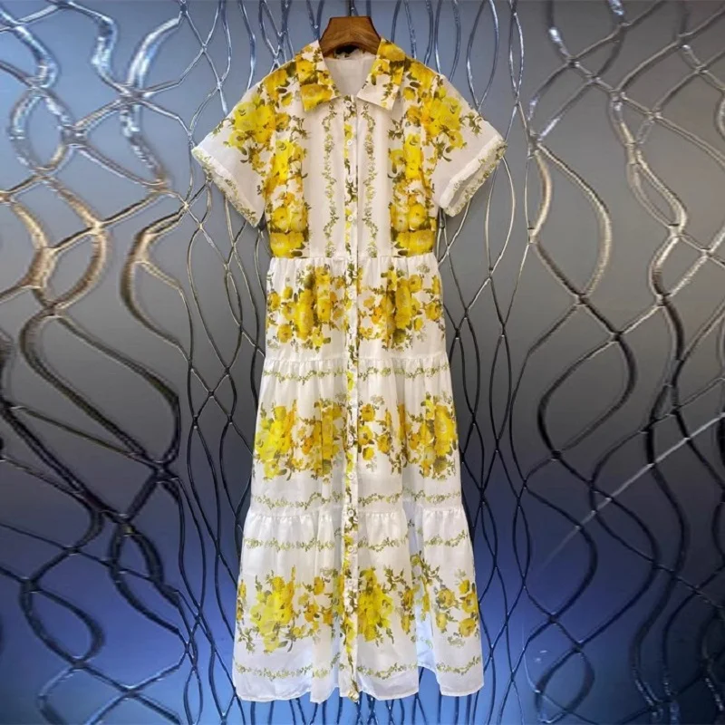 

Newest Fashion Style Summer Dress 2023 High Quality Ladies Turn-down Collar Yellow Floral Prints Button Front Casual Shirt Dress