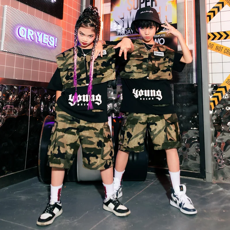 

New Girls Kids Hip Hop Jazz Dance Costumes Summer V-neck Camouflage Vest Elastic Waist Loose Shorts 2pcs Boys Kpop Stage Outfit