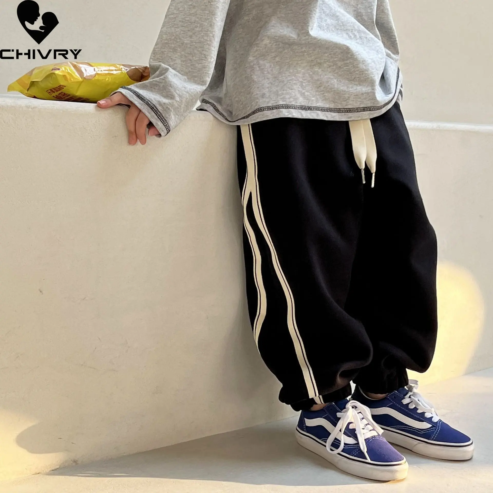 

New 2023 Kids Fashion Sweatpants Boys Spring Autumn Casual Side Stripe Elastic Waist Loose Pants Trousers Children Clothing