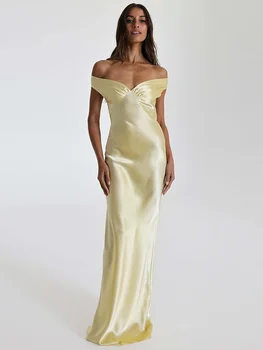 XIAOTANG Satin Off-shoulder Backless Sexy Maxi Dress Women Gown Fashion Strapless Sleeveless High Waist Club Party Long Dresses 1