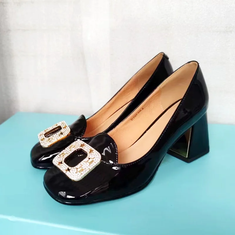 

thick high heel genuine leather fashion metal crystal women shoes pumps square toe shoes woman nude pumps party basic lady shoes