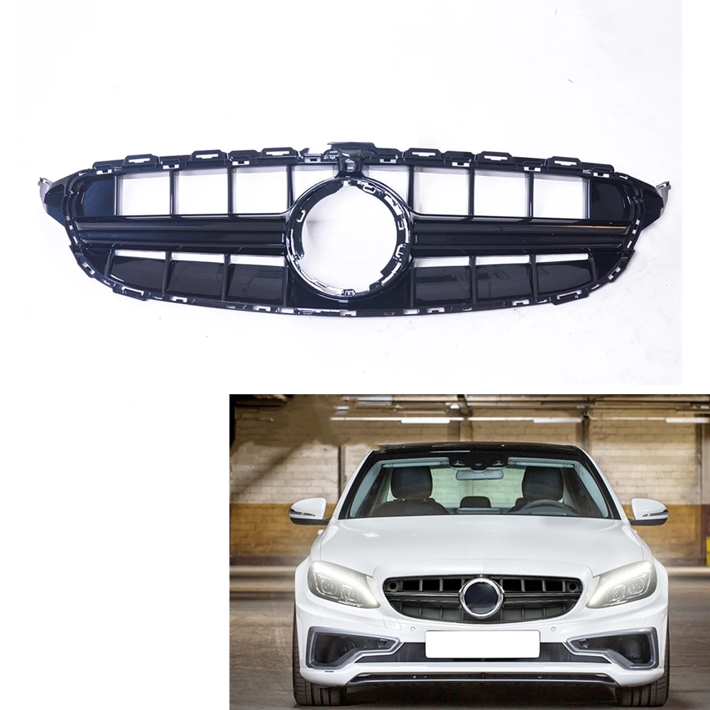 

Front Grille For Mercedes Benz C Class W205 AMG 2014-2018 Sport Black E63 Style Car Upper Bumper Hood Mesh Grid With Camera Hole