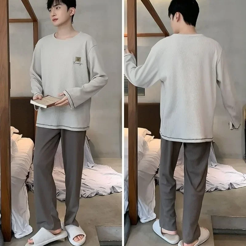 2024 New Cotton Pajamas Men's Spring Autumn Long Sleeve Sleepwear Suit Casual Waffle Loose Loungewear Round Collar Homewear
